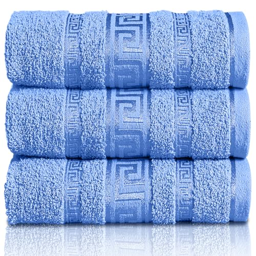 GC GAVENO CAVAILIA Greek Bath Sheet - Pack Of 3 100% Egyptian Cotton Towels Bath Sheets - Extra Large Soft Highly Absorbent Quick Dry Towel (90x150 cm) - 550 GSM Towels For Bathroom - Blue