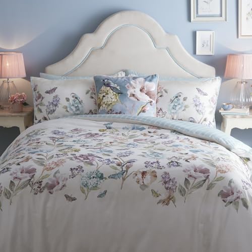 Appletree - Duck Egg Floral & Butterfly Duvet Cover - King Bedding Size (230 x 220cm) - 200 Thread Count - 100% Cotton - Reversible Designs - 2 Pillowcases - Stripe Bedding with Butterflies & Flowers