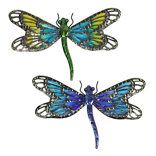 HONGLAND Metal Dragonfly Wall Decor Glass Outdoor Wall Art Hanging Garden Decorations for Living Room (Dragonfly a pair) Dragonfly Clip, Metal Wall Art.