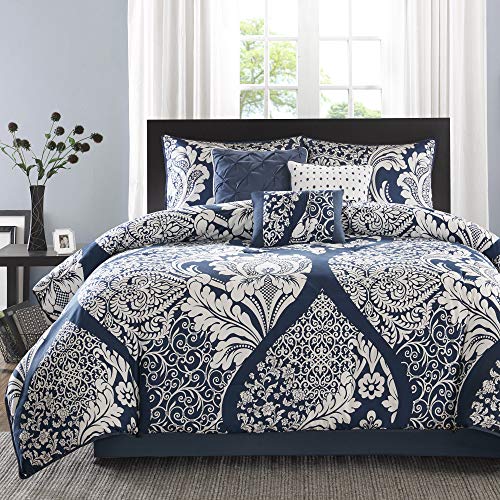 Madison Park Breathable, Soft Cover, Trendy, All Season Down Alternative Cozy Bedding with Matching Shams, Cotton Polyester, Indigo Comforter 7pcs, King