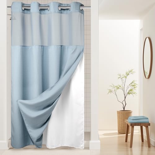 "River Dream No Hooks Required Waffle Weave Shower Curtain with Snap in Liner (Blue, Stall 54""x80"")"