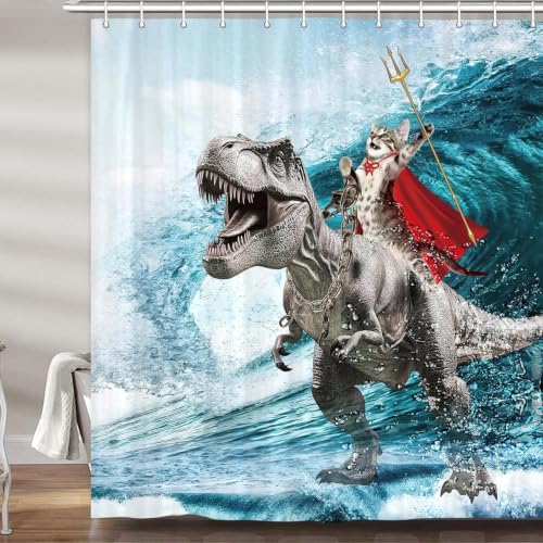 JAWO Funny Cat Shower Curtain Boys Kids Bathroom Decor, Cool Cat Riding Dinosaur On Ocean Shower Curtain, Fun Nautical Kids Shower Curtain Fabric with Hooks(72X72 inch)
