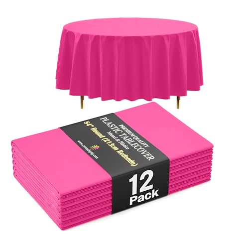 Exquisite 66% Thicker Premium Cerise Round Tablecloth 0.5 Mil 12 Pack Plastic Table Cloth reusable 84 Inch Round Plastic Tablecloth Won't Tear Easily Like Cheap Thin Brands