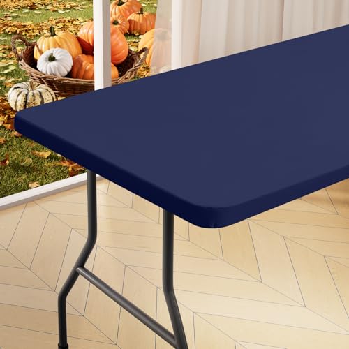 "homing Rectangle Table Cloth Cover, Water-Resistant Polyester Elastic Fitted Tablecloth, Fits for 4 Foot Folding Tables, Washable Table Protector for Picnic, Camping, Outdoor (Navy Blue, 24"" x 48"")"