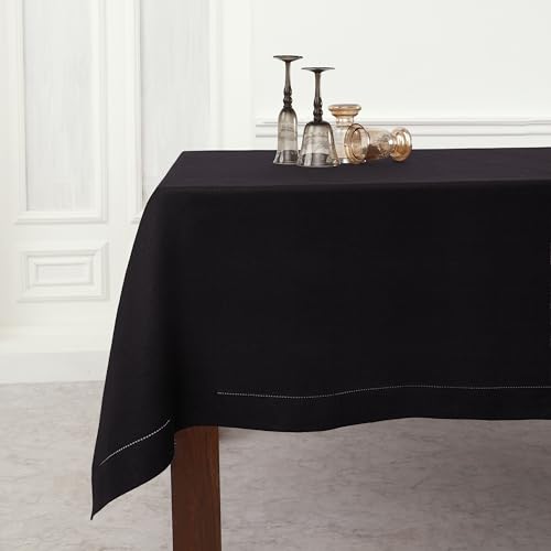 Solino Home Black Linen Tablecloth 60 x 156 Inch - Classic Hemstitch, 100% Pure Linen Rectangular Tablecloth - Machine Washable Table Cloth for Halloween
