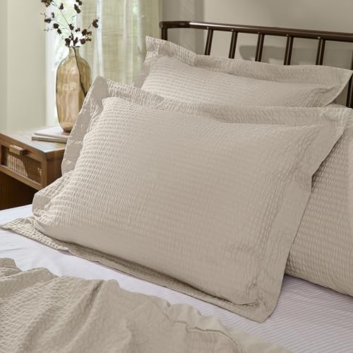 Yard Hebden Relaxed Seersucker Pillowcase Pair – Soft Cotton Textured Pillow Covers (Stone – 75x50cm)