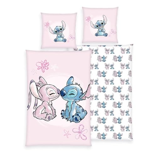 Herding Disney's Stitch Bed Linen, Pillowcase Approx. 80 x 80 cm, Duvet Cover Approx. 135 x 200 cm, with Zip and Reversible Motif, 100% Cotton/Renforcé