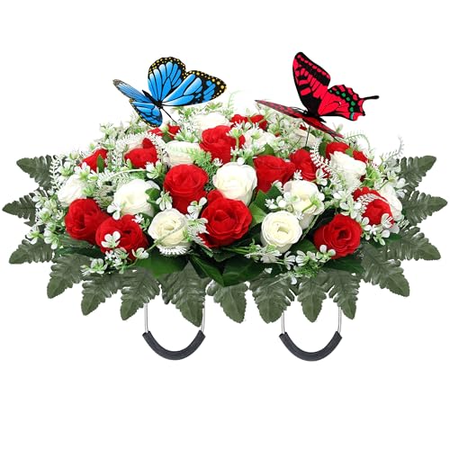 Lodou Artificial Cemetery Flowers for Grave,Large Headstone Flower Saddle Realistic Grave Flowers Memorial Silk Rose Flowers with Butterflies for Headstone Grave Decoration Non-Fading Easy Fit (Red)