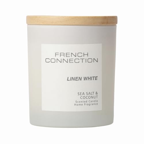 French Connection Pastel Range Scented Container Candle - Shea Butter Wax - Frosted Glass Jar Bamboo Lid - Round Shape - (Medium, Linen White)