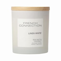 French Connection Pastel Range Scented Container Candle - Shea Butter Wax - Frosted Glass Jar Bamboo Lid - Round Shape - (Medium, Linen White)