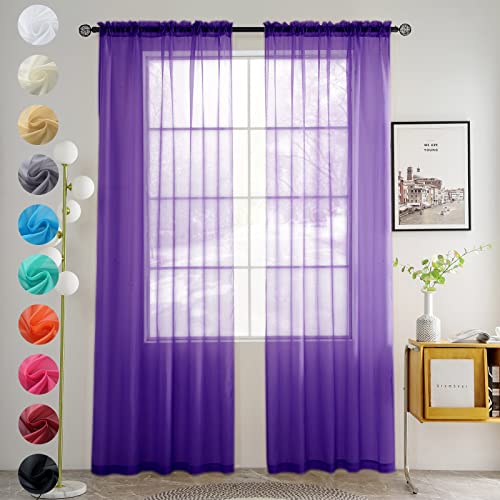 Youleyar Solid Sheer Rod Pocket Curtain Voile Draperies 2 Panels White Beige Black Grey Coffee 52 Inch Width 72 Inch Long 1 Pair for Kitchen Bedroom Children Living Room Yard (Purple,52Wx72L)