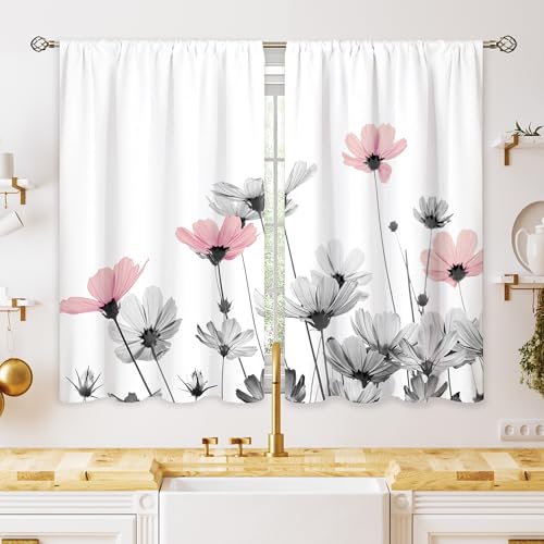 oolygoo Farmhouse Pink Grey Floral Kitchen Curtains Rustic Flower Window Treatment Wildflower Plant Small Cafe Short Curtains for Bathroom Dining Room Farmhouse Leaf Treatment Drapes 27.5x39 inch