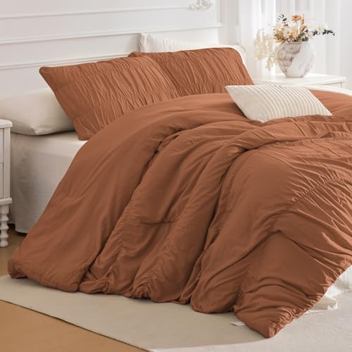 Lady Ann Oversized King 128x120 Comforter Set - Pumpkin Ruched Bedding, 3-Piece Fluffy Ruffle Bedding Comforter Set for Women, Ultra Soft and Luxurious All-Season Boho Bedding Set for Bedroom.