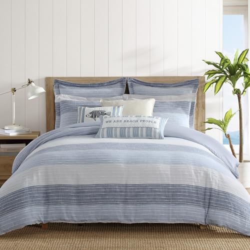 Levtex Home Sand Stripes Blue Full/Queen Comforter Set (90x94in) with 2 Pillowcases (26x20in) - Woven Jacquard Stripe - Blue, Grey, White - Cotton Full/Queen Size Comforter Set - Soft Pre-Washed