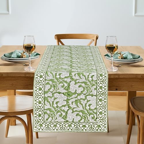 Ridhi Sage Green Hand Block Print Cotton Table Runner Garden Farmhouse Buffet Table Cover for Home Kitchen Dinner Decor Parties Family Dinners Wedding Thanksgiving Christmas (40X180CM)