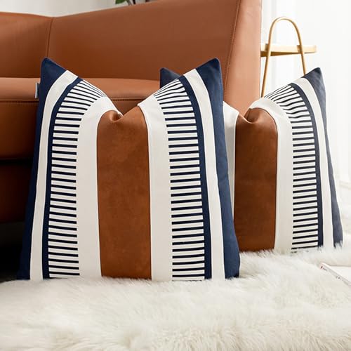 Vfuty Decorative Accent Pillow Covers 20x20 Boho Couch Pillow Case Set of 2 Modern Farmhouse Stripe Cushion Cover for Sofa Bed Living Room, Navy Blue