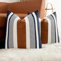 Vfuty Decorative Accent Pillow Covers 20x20 Boho Couch Pillow Case Set of 2 Modern Farmhouse Stripe Cushion Cover for Sofa Bed Living Room, Navy Blue
