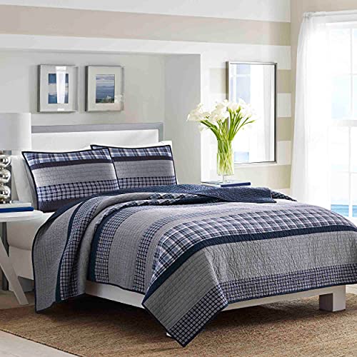 Nautica Cotton Reversible Bedding, Home Decor for All Seasons, Adelson Blue/Grey, King Quilt