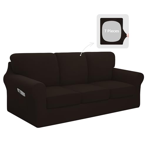 Easy-Going 7 Pieces Stretch Couch Cover Washable Sofa Cover Set for 3 Backrest and Seat Cushion Couch Anti-Slip Sofa Slipcover Furniture Protector with Elastic Bottom (Large, Chocolate)