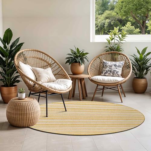 Livabliss Kavita Ibiza Indoor Outdoor Floor Covering 160 cm – Boho Pattern for Living Room, Dining & Kitchen, Waterproof & Stain-Resistant, Mustard & Ivory