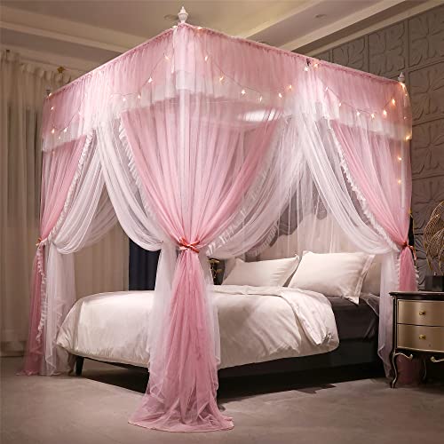 "VETHIN 4 Corners Post Ruffle Princess Bed Canopy Curtain, 4 Openings Mosquito Net for Girls Adults Bedroom Decoration (Pink/White, 64"" W x 82"" L x 82"" H) Queen"