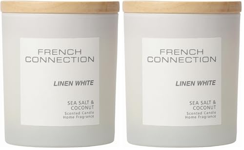 French Connection Pastel Range Scented Container Candle - Shea Butter Wax - Frosted Glass Jar Bamboo Lid - Round Shape - (Medium, Linen White) (Pack of 2)