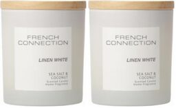 French Connection Pastel Range Scented Container Candle - Shea Butter Wax - Frosted Glass Jar Bamboo Lid - Round Shape - (Medium, Linen White) (Pack of 2)