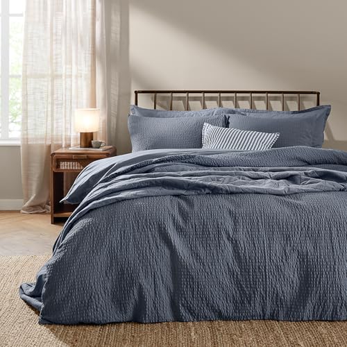 Yard furn Hebden Seersucker Duvet Cover Set – Soft Relaxed Cotton Textured Bedding (Denim Blue – King)