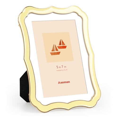 Axeman 5x7 Enamel Picture Frame with Mat for 4x6 Photo-Tempered Glass-5 x 7 Modern Ornate Photo Frame with Gold Metal Edge Velvet Back for Tabletop and Wall Mount Display, Yellow