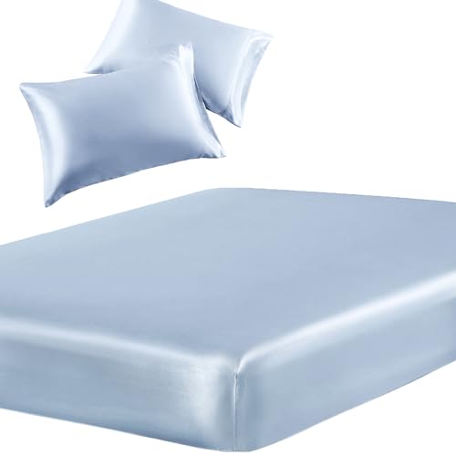 SiinvdaBZX 3-Piece Set Satin King Fitted Sheet & 2 Pillowcase, Baby Blue - Silky Soft Fitted Bottom Sheet, Deep Pocket Sheet Design Fits 15 Inch Mattress, Wrinkle Free, Fade Resistant