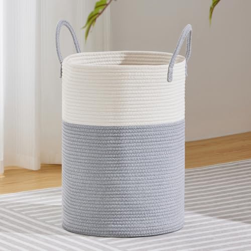 VIPOSCO 72L Tall Woven Laundry Basket Hamper, Grey White - Cotton rope laundry hamper, collapsible wicker basket, storage for blanket, toys, dirty clothes, for bedroom, bathroom