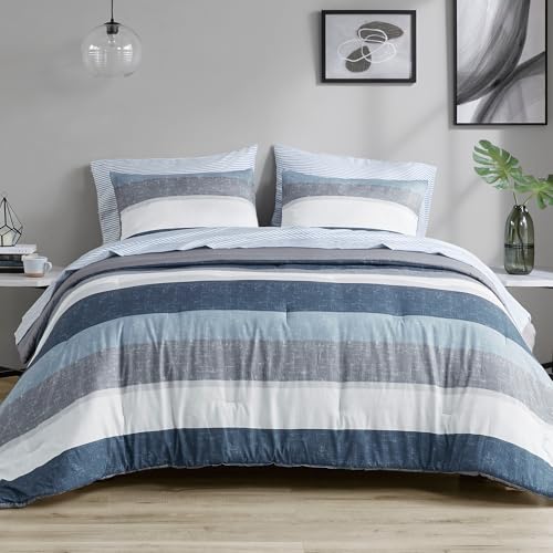 Madison Park Essentials Jaxon Bed in a Bag Comforter Set with Sheet, Printed Stripe Design, Modern All Season Bedding and Matching Sham, California King Blue/Grey 7 Piece