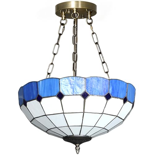 HOMCOM 34 cm Tiffany Style Ceiling Light, Vintage Stained Glass Chandelier with 3 E27 Sockets, Semi Flush Mount Pendant Light for Living Room, Bedroom, Hallway, Bulbs Not Included, Blue and White
