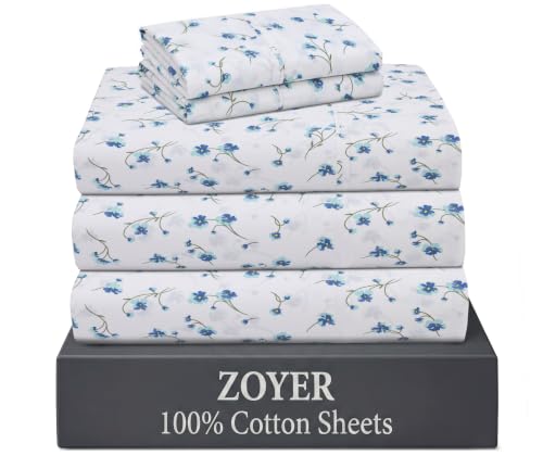 "ZOYER 100% Cotton Sheets - Cooling & Crisp Split King Percale Sheets, 16"" Deep Pockets Bed Set, Lightweight & Breathable, Durable, 5 Pieces, La Laa Flower"