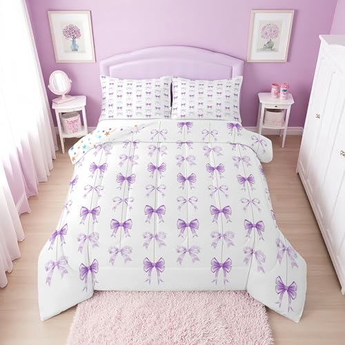 Erosebridal Purple Bow Tie King Bedding Set for Girls - Purple Coquette Bows Comforter Set for Kids Women, Princess Ribbon Bow Quilt, Cute Preppy Bowtie Bedroom Decor, 2 Pillowcases