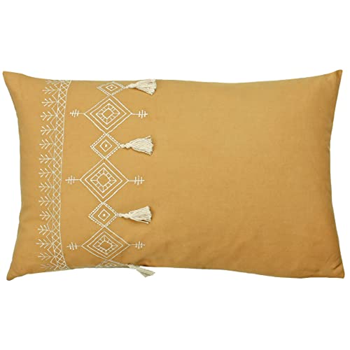 furn. Pritta Cushion Cover – Bohemian Geometric Embroidered Cotton Tassel Trim Case (Mustard – 40x60cm)