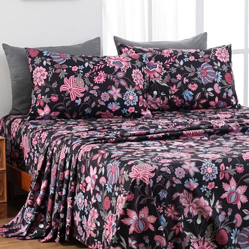 MEISHANG Queen Sheet Set - Ultra Soft Floral Sheets Brushed Microfiber,1800 Thread Count Floral Bed Sheets Oeko-Tex Certificated - Black Red