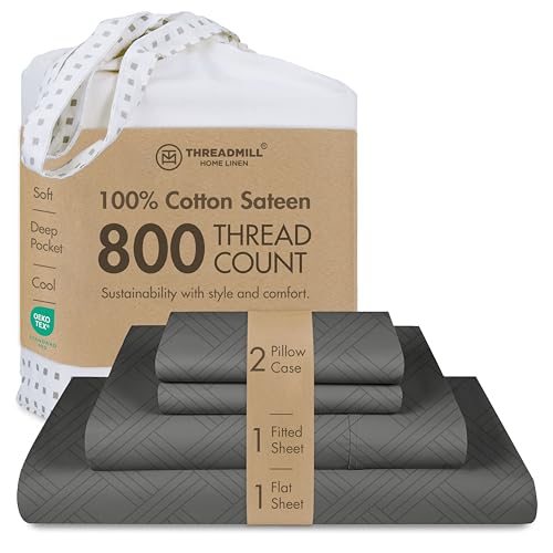 Threadmill Home Linen Queen Sheet-Set - 800 Thread Count Jacquard Damask, 100% Pure Cotton 4 Piece Striped Bed Set, Extra Long Staple Cotton, Classy Dark Grey Sheets with Elasticized Deep Pocket