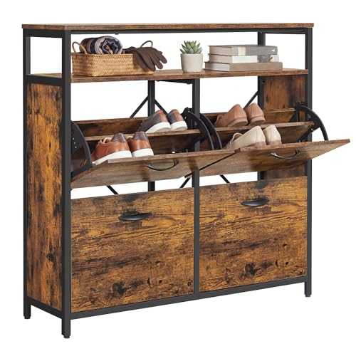 VASAGLE Shoe Cabinet, Hallway Shoe Box with 4 Rocker Doors, Narrow Shoe Storage with Divider for 12-20 Pairs of Shoes, 98.5 x 30 x 95 cm, Rustic Brown and Black LBS803B01