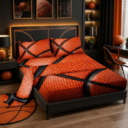 "Nttopship Basketball 4 Pieces Bed Sheet Sets Twin Size Basketball Bedding Sets with 16"" Deep Pockets Sports Bedroom Decor,Bedding Set 4 PCS(1 Fitted+1 Flat+2 Pillowcases)"
