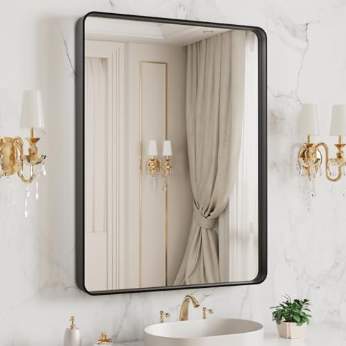 LOAAO 20X16 Inch Black Metal Framed Bathroom Mirror for Wall, Matte Black Bathroom Vanity Mirror Farmhouse, Large Rounded Rectangle Mirror, Anti-Rust, Tempered Glass, Hangs Horizontally or Vertically