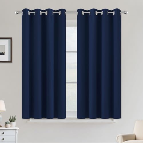 COSVIYA Grommet Blackout Room Darkening Navy Blue Curtains 45 inch Length 2 Panels,Thick Polyester Light Blocking Insulated Thermal Window Curtain Drapes for Bedroom/Living Room,52x45 inches