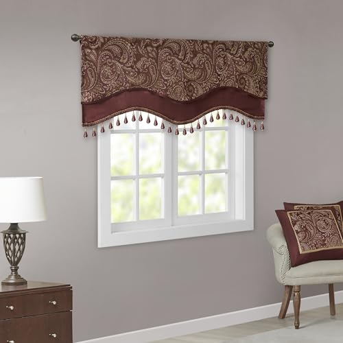 "Madison Park Aubrey Faux Silk Paisley Jacquard, Rod Pocket Curtain With Privacy Lining For Living Room, Kitchen, Bedroom and Dorm, 50"" x 18"", Burgundy"