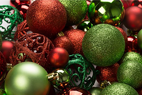 R N' D Toys 100 Red and Green Christmas Ornament Balls Shatterproof + 100 Metal Ornament Hooks, Hanging Ornaments for Indoor/Oudoor Christmas Tree, Holiday Party, Home Decor