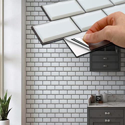 WALPLUS 28.5x14cm@24 pcs Off White Subway Brick Tile Sticker Backsplash Tile Paint Stick on Tiles Peel and Stick Self Adhesive Wall Tiles Stickers for Kitchen Bathroom Tile Transfer