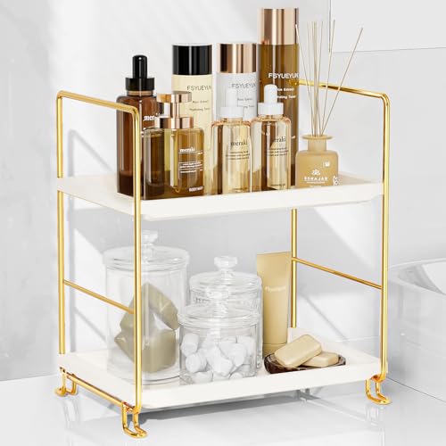 FSyueyun 2-Tier Makeup Shelf Organizer, Kitchen Spice Rack or Bathroom Countertop Organizer Vanity Bedroom Storage Tray (Gold)