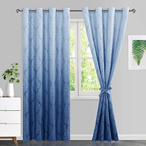 JIUZHEN Ombre Blackout Curtains with Tiebacks???Damask Patterned Thermal Insulated Grommet Curtains for Bedroom Living Room, 52 x 84 Inches, Set of 2 Panels, Navy Blue