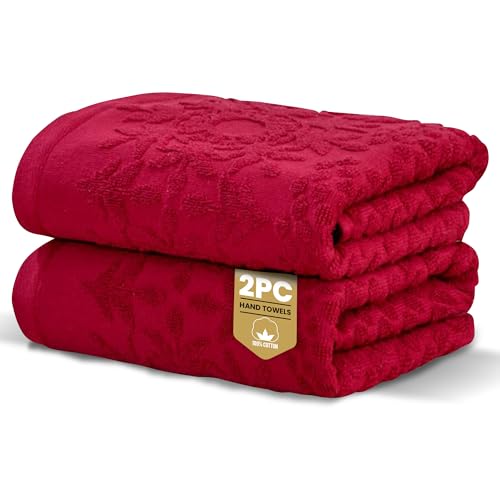 Rapport Home 2-Pack Versailles Jacquard Hand Towels - 50x85cm 100% Cotton 500GSM - Absorbent & Soft Bathroom Towel Set - Oeko-Tex Certified Ruby