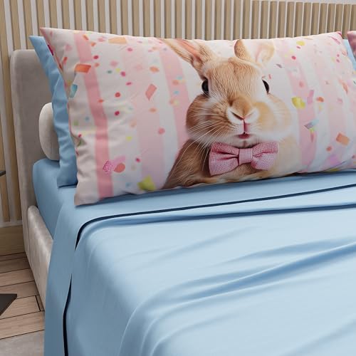PETTI Artigiani Italiani - Easter Bed Linen in Cotton with Pillowcases in Digital Print, French Quarter Size, Complete Easter Bed Sheet Top and Bottom with Corners, 23 Light Blue, Made in Italy