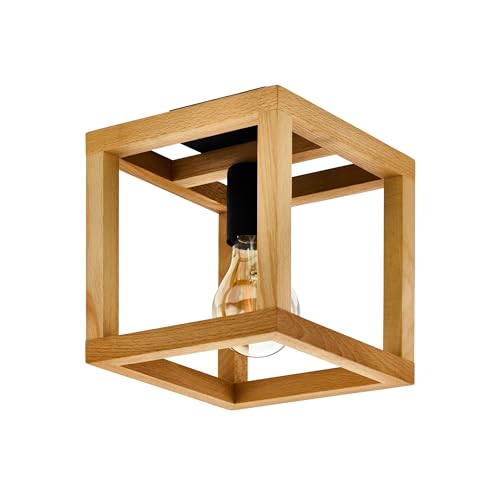 Eglo Ceiling Light Fixture Blackcrown, Decorative lamp in Natural Design, Cube Shape Living Room Lighting, Black Steel with Wooden Frame, E27 Socket, 20 x 20 cm